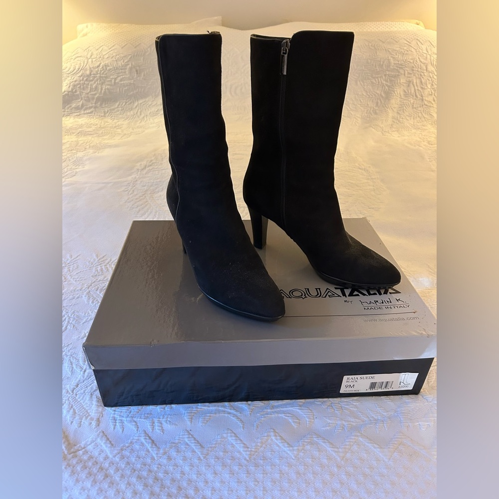 Aquatalia Raia Suede Black Heeled Boots.  Waterproof. Size 9.  Made in Italy.